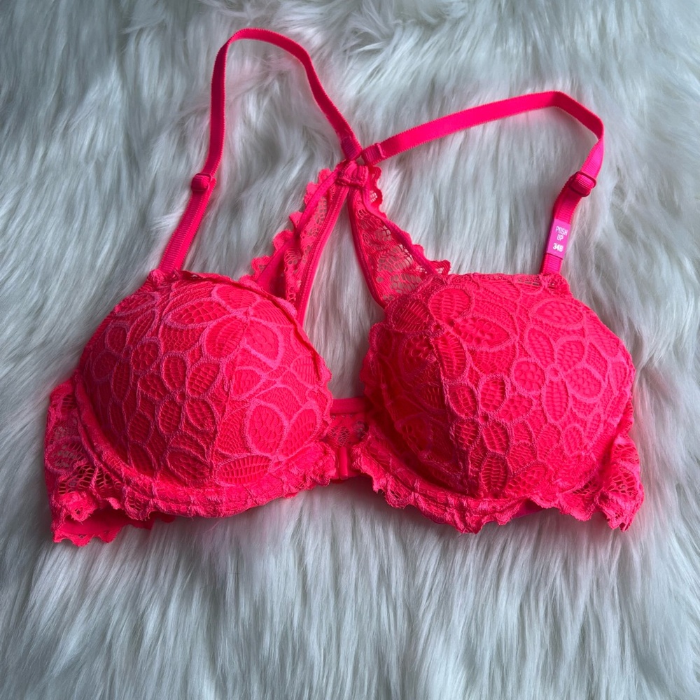 NWT Victoria's Secret Pink Neon Pink Lace Padded Bra Size 34B